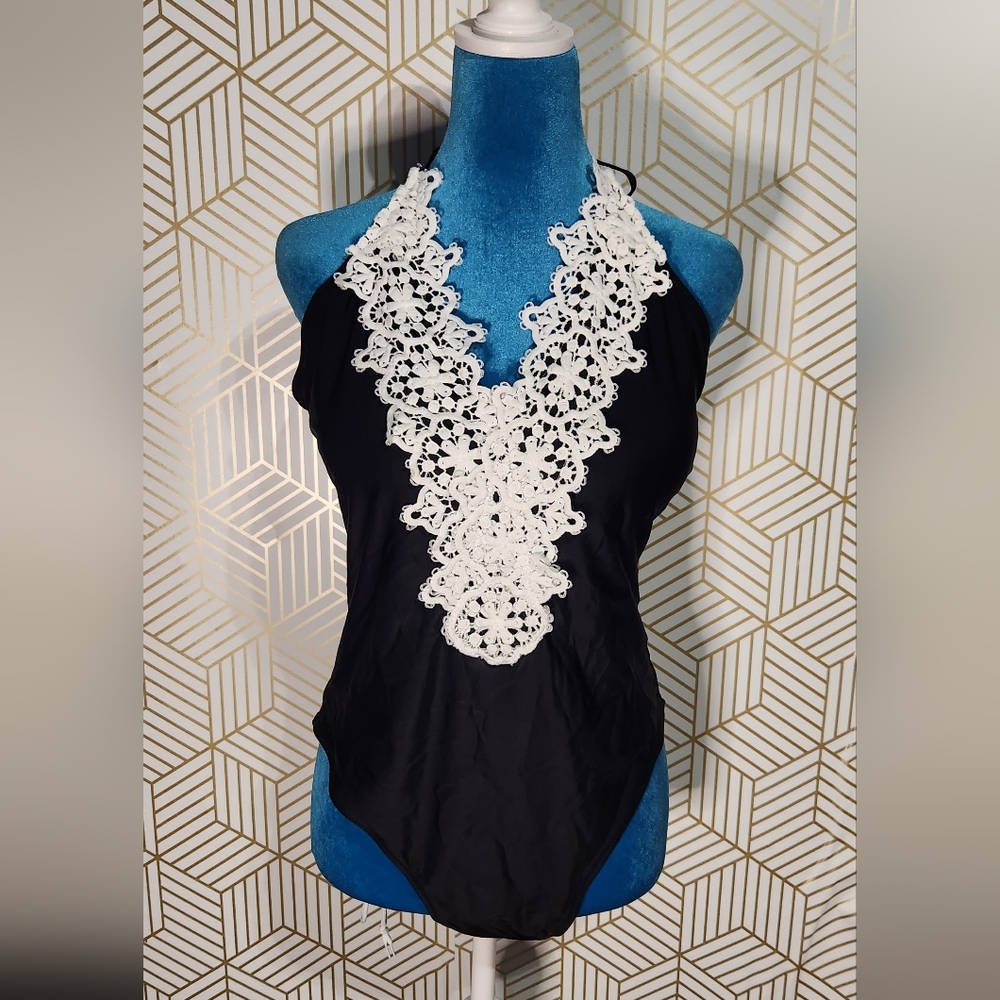 Womens black floral lace bodysuit onesie bathing suit (SIZE Xl)